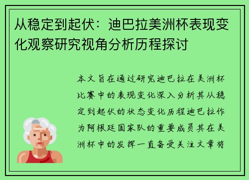 从稳定到起伏：迪巴拉美洲杯表现变化观察研究视角分析历程探讨
